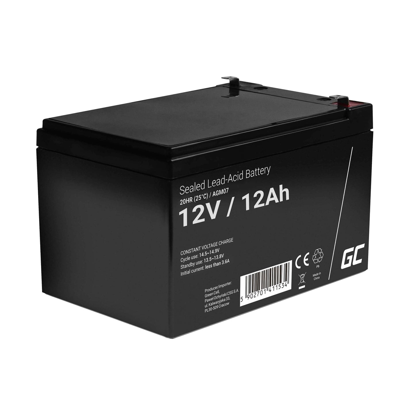Green Cell AGM 12V 12Ah battery VRLA lead-acid battery replacement battery gel battery battery cyclically resistant unmanned toy, electric toy, alarm, emergency power, children's vehicles, children's quad, black