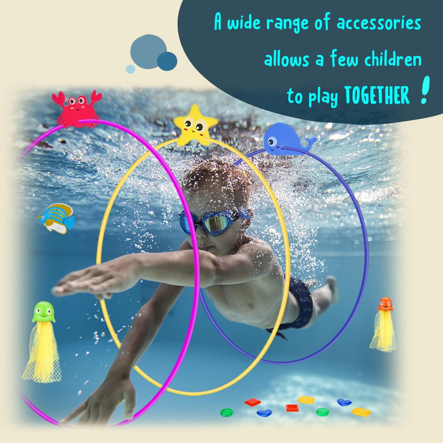 MutoToy® Dive Toy Set, 27PCS Kids' Water Toy Outdoor Dive Rings with Game Ball Dive Sticks Gemstones Pool Toy Swimming Toy for Diving Training Pool Party Swimming Pool.