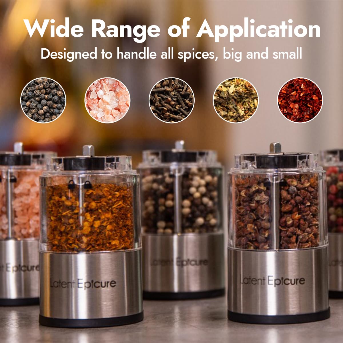 Salt and pepper mill set of 2 | Battery operated | LED light | Adjustable fineness | Includes FREE stand - by Latent Epicure