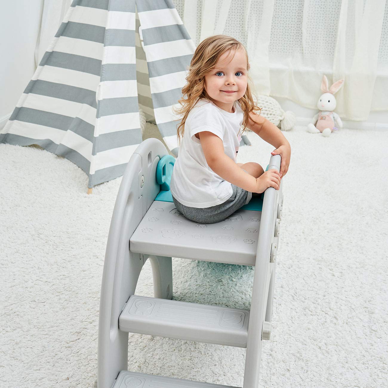 Baby Vivo Children's Slide Kids Slide Garden Slide Toddler Slide Plastic Elephant Rounded Corners & Edges for Indoor & Outdoor in Turquoise/Grey.