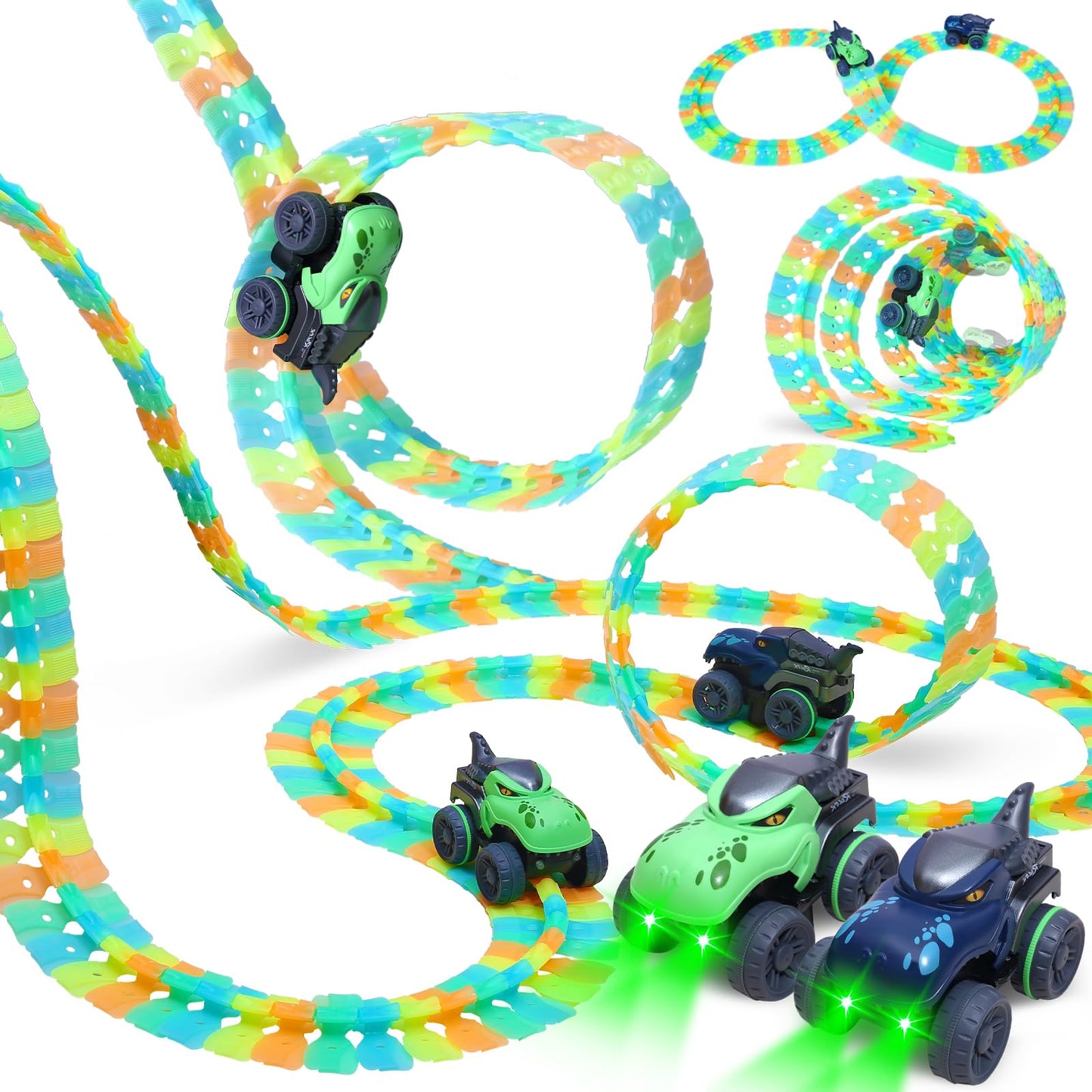 CREAMKIDS Dinosaur Race Track, Glow-in-the-dark track with suction cup, 2 dinosaur race cars with lights, Christmas and birthday gift for kids aged 3+ (291 pieces)