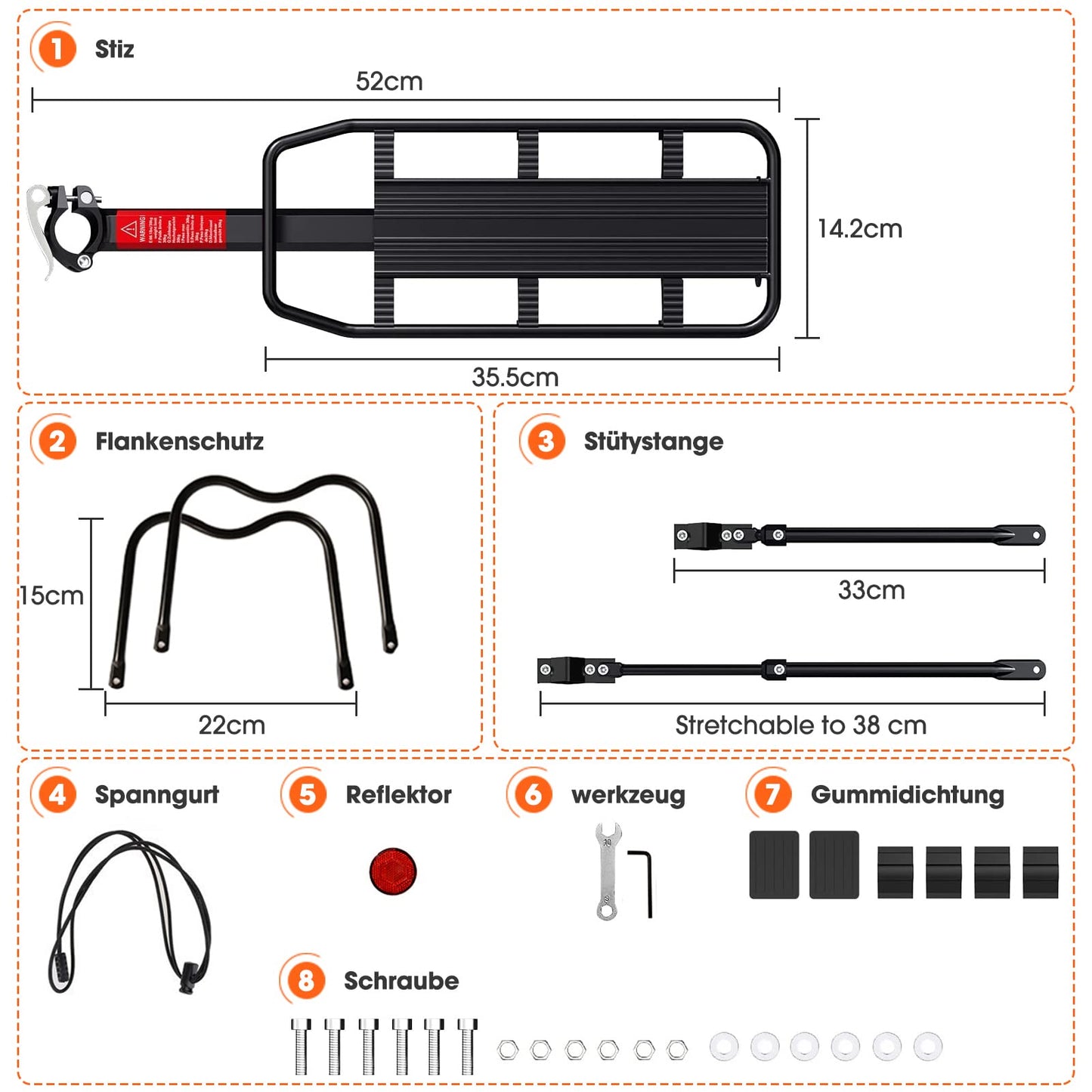 Bike rack 24-29 inch, Adjustable mountain bike luggage carrier, Universal lightweight aluminum alloy bicycle rack with a maximum load capacity of 100kg, Rear rack with reflector.