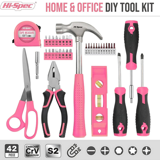 Hi-Spec tool kit for women. Compact tool box filled with pink tools, screwdriver bit set for repairs. 42-piece tool set.