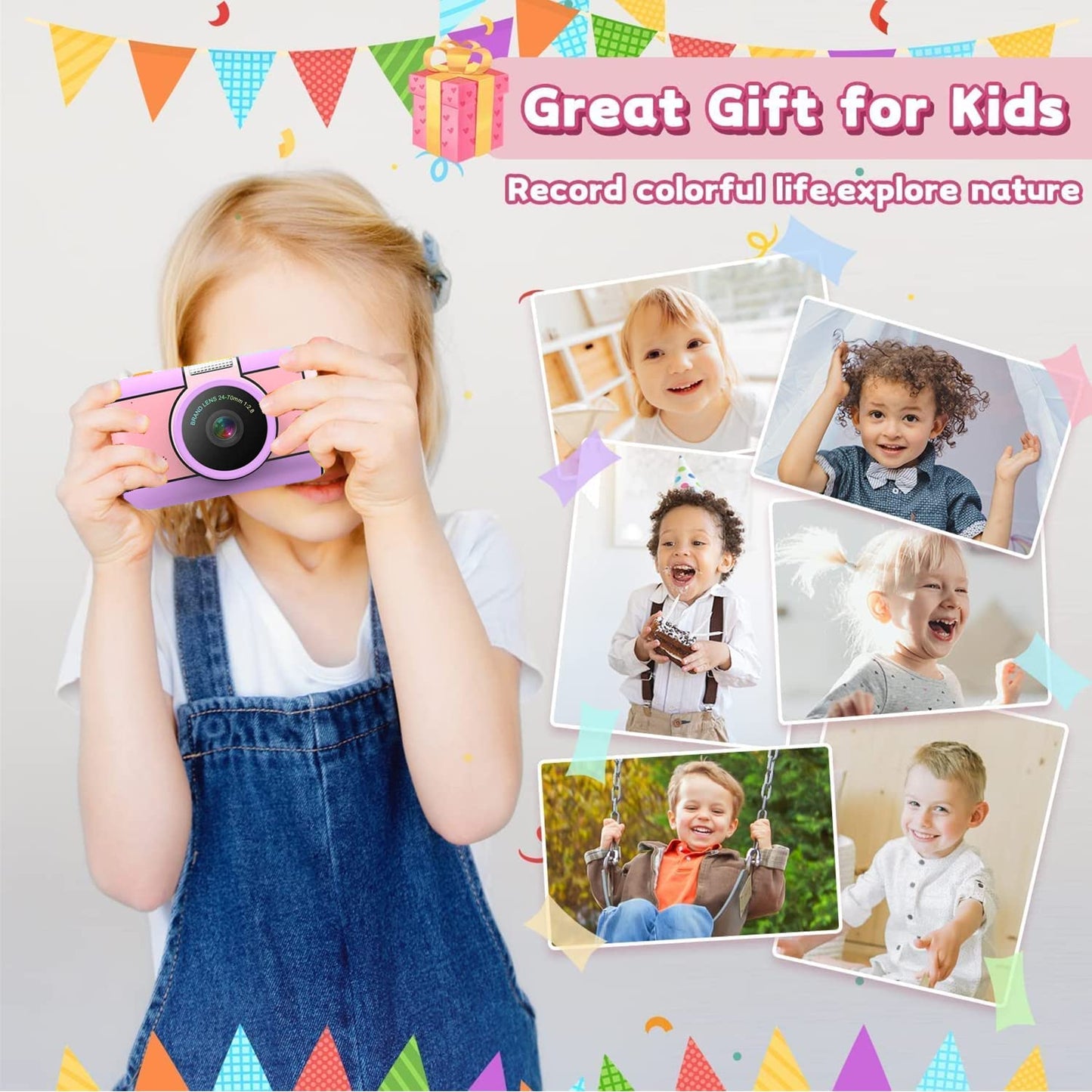 YunLone kids camera digital camera 2.4 inch digital camera for children selfie camera 1080P FHD video with 32GB card, 4X zoom, kids camera for boys girls 3 4 5 6 7 8 9 10 years