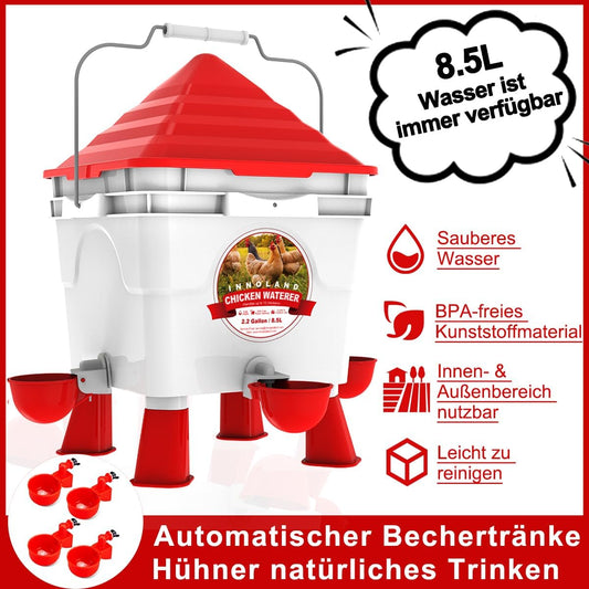 INNOLAND Chicken Feeder and Drinker Set, 6kg/8.5L | Automatic water supply and chicken feeder for poultry with 4 openings/4 bowls, adjustable legs, and steel chains