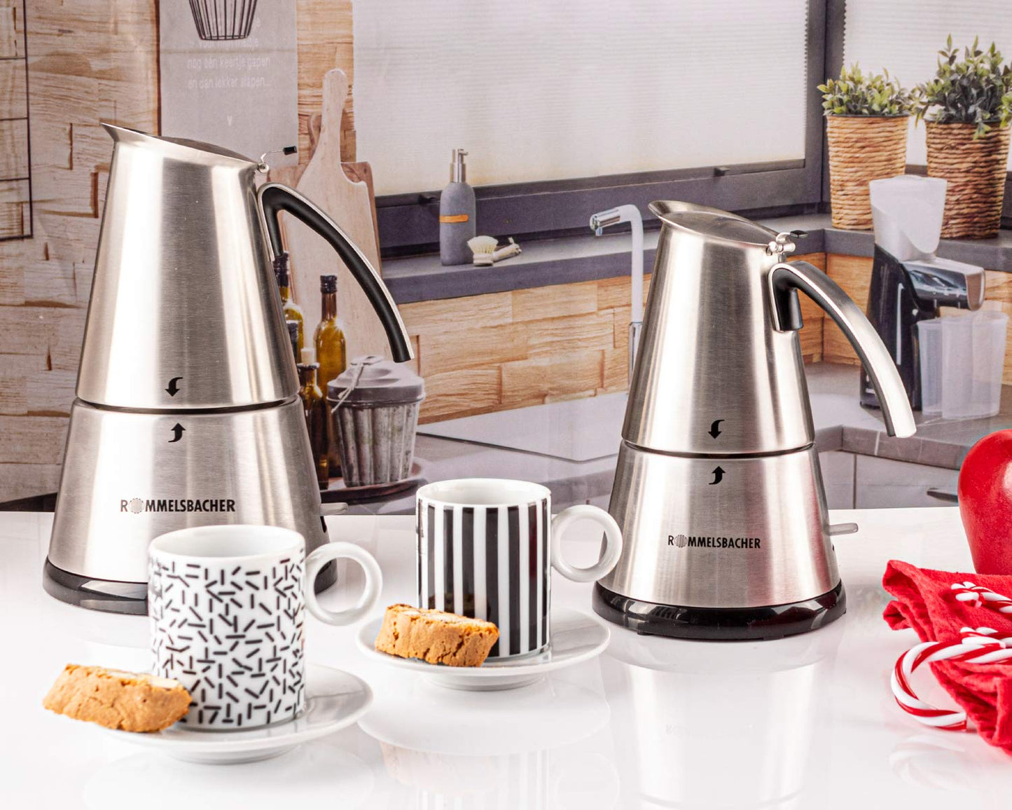 Rommelsbacher Espresso Maker EKO 366/E, electric, high quality stainless steel pot, filter insert for 3 or 6 cups, concealed heating element, 360° central base, automatic shut-off, 365 W
