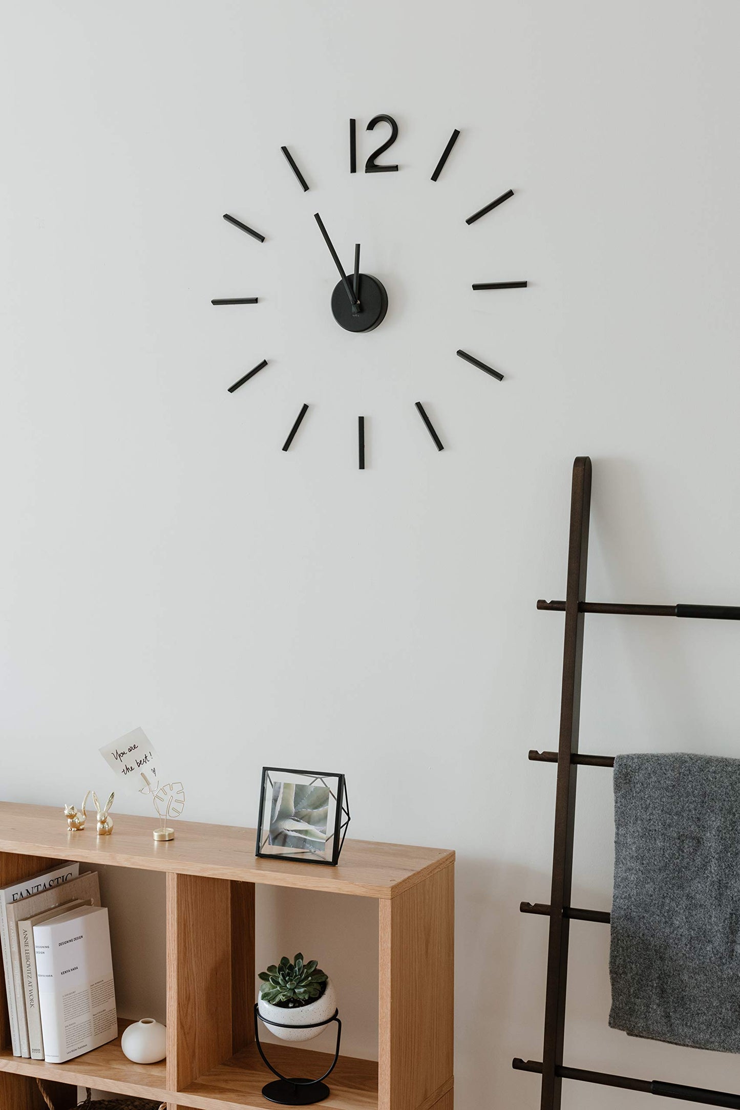 Umbra Blink, modern and minimalist DIY quartz wall clock without frame, adhesive numbers, wall decoration for kitchen, office, bedroom, and living room, metal, black.