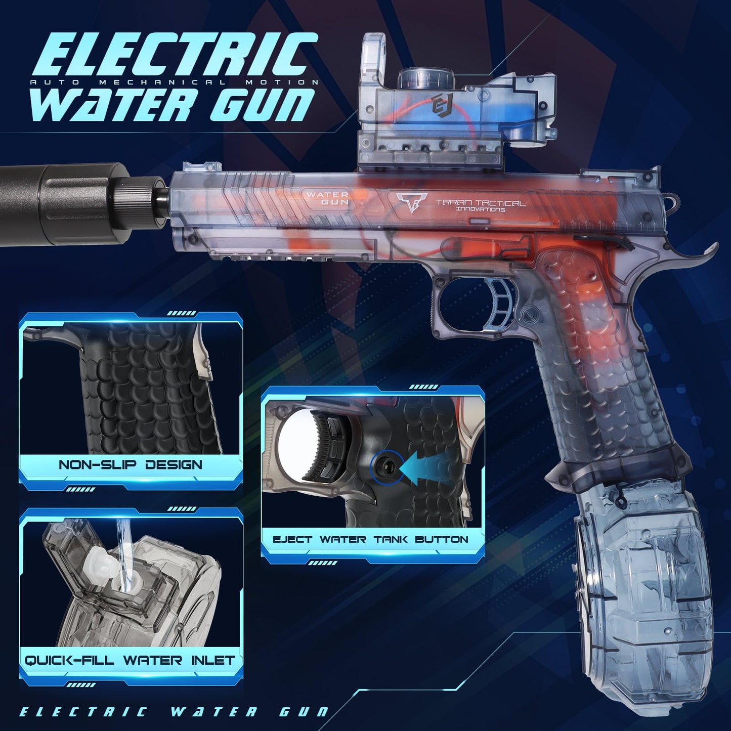 Jovico's Electric Water Gun, Automatic Water Gun with Long Range and Light, Electric Water Squirt Gun for Kids and Adults, Large Water Guns, Outdoor Summer Toy (Blue)