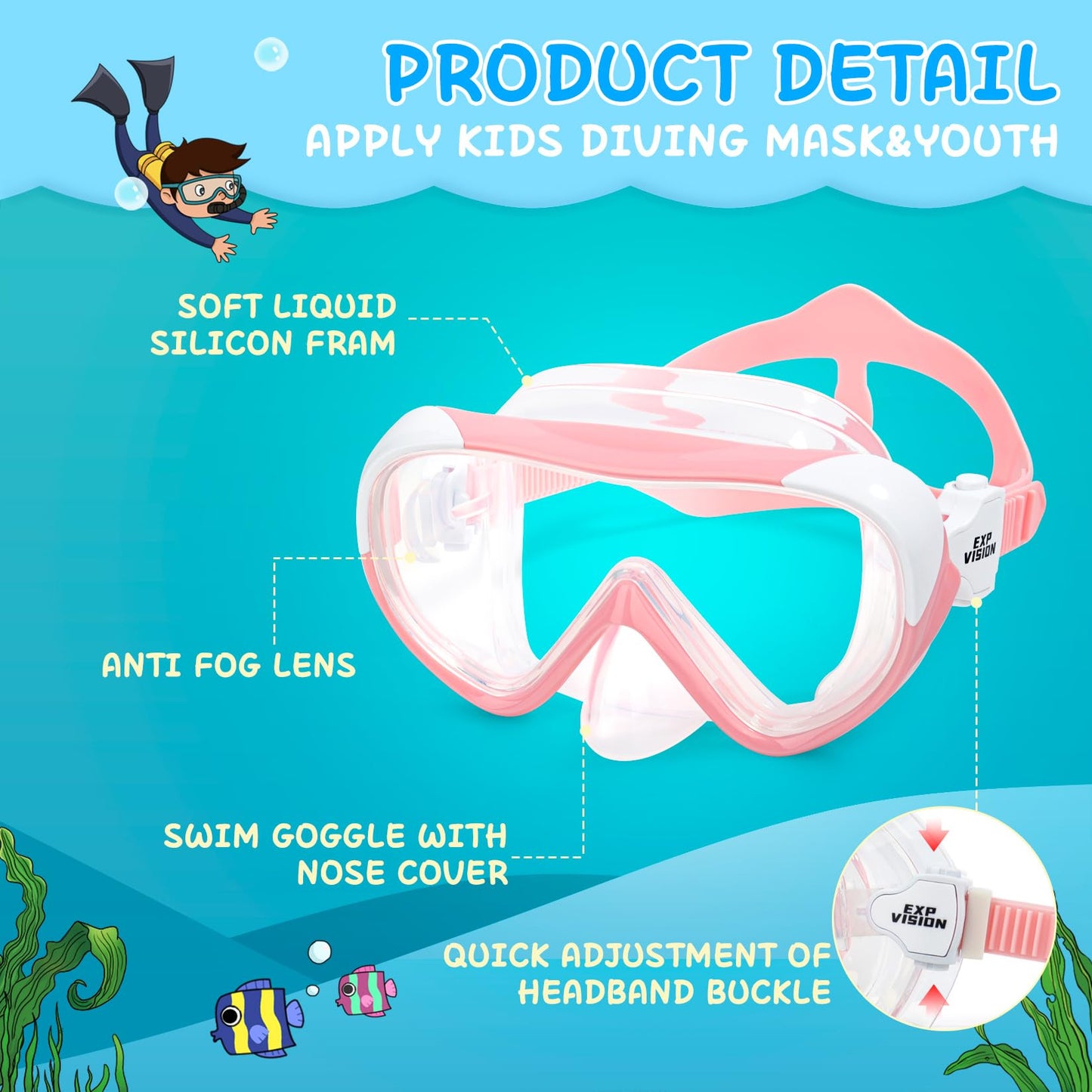 Kids Snorkel Mask, Kids Swim Mask 180° Anti-Fog Diving Mask, Kids Swimming Goggles with Nose Cover Leakproof Swim Goggle Anti-Shattered Lens for Teens 4-15 (Pale Pink)