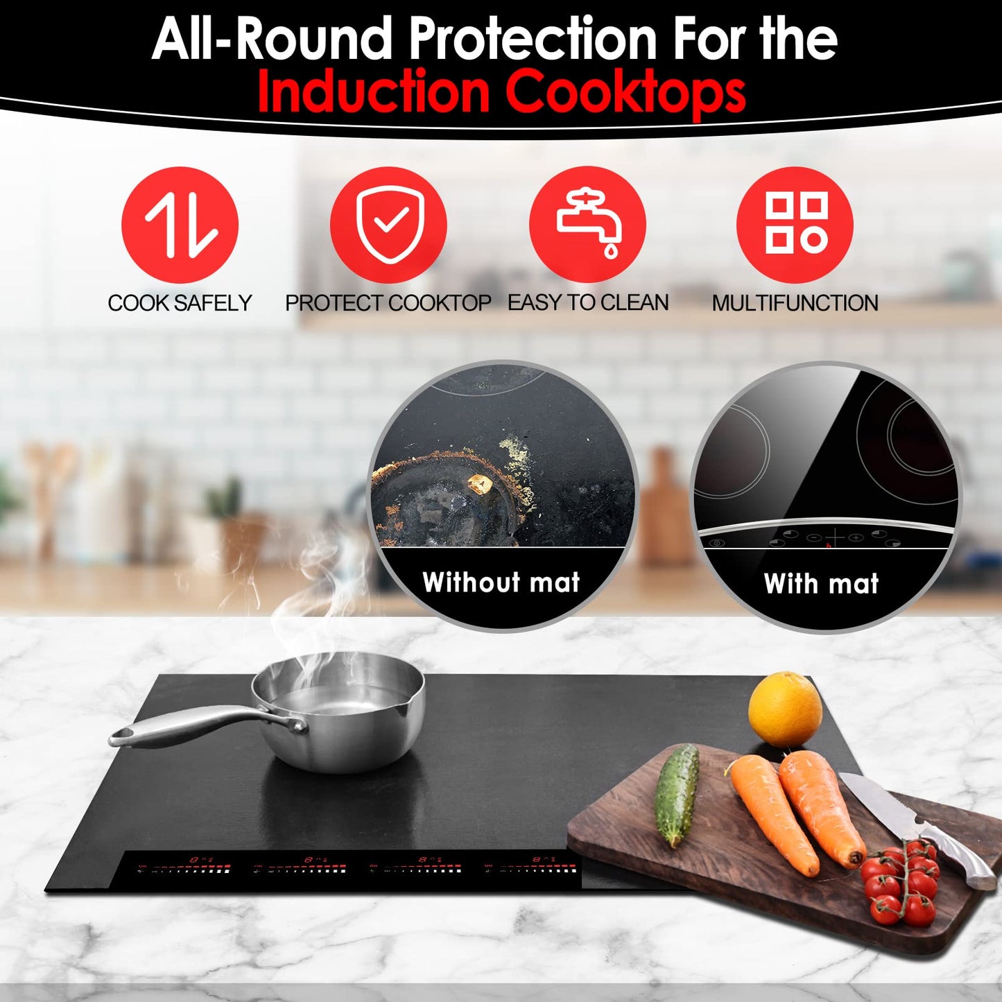 KitchenRaku 61x53cm induction protection mat, silicone induction hob protection mat (magnetic) hob scratch protection for induction cooker, multifunctional silicone mats