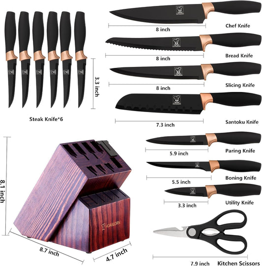 Chefhoablorn 15-PC Knife Block Set, Sharp Stainless Steel Chef Knives for Housewarming Wedding Gift