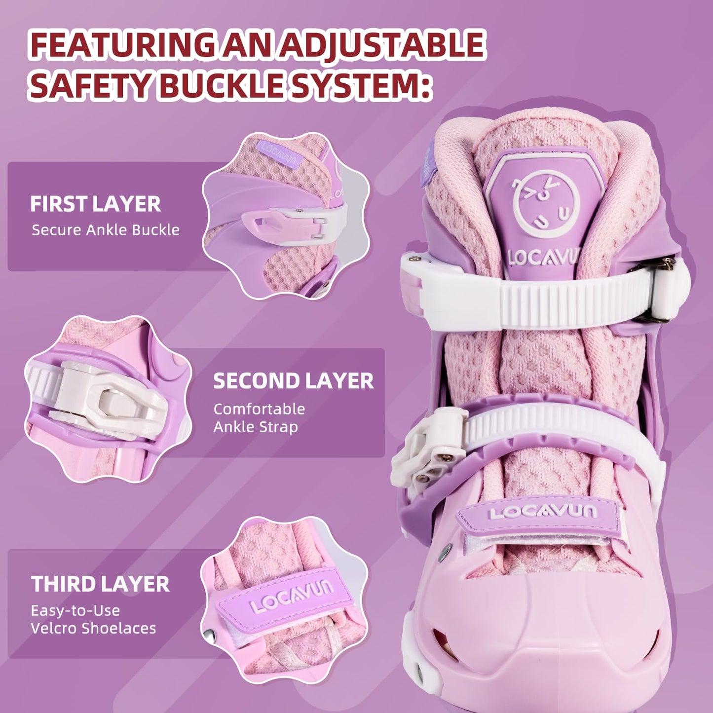 Locavun Kids Inline Skates 4 Sizes Adjustable Inline Skates for Girls Size 26-29 29-34 30-35 Inline skates with 82A PU wheels Rollerskates.