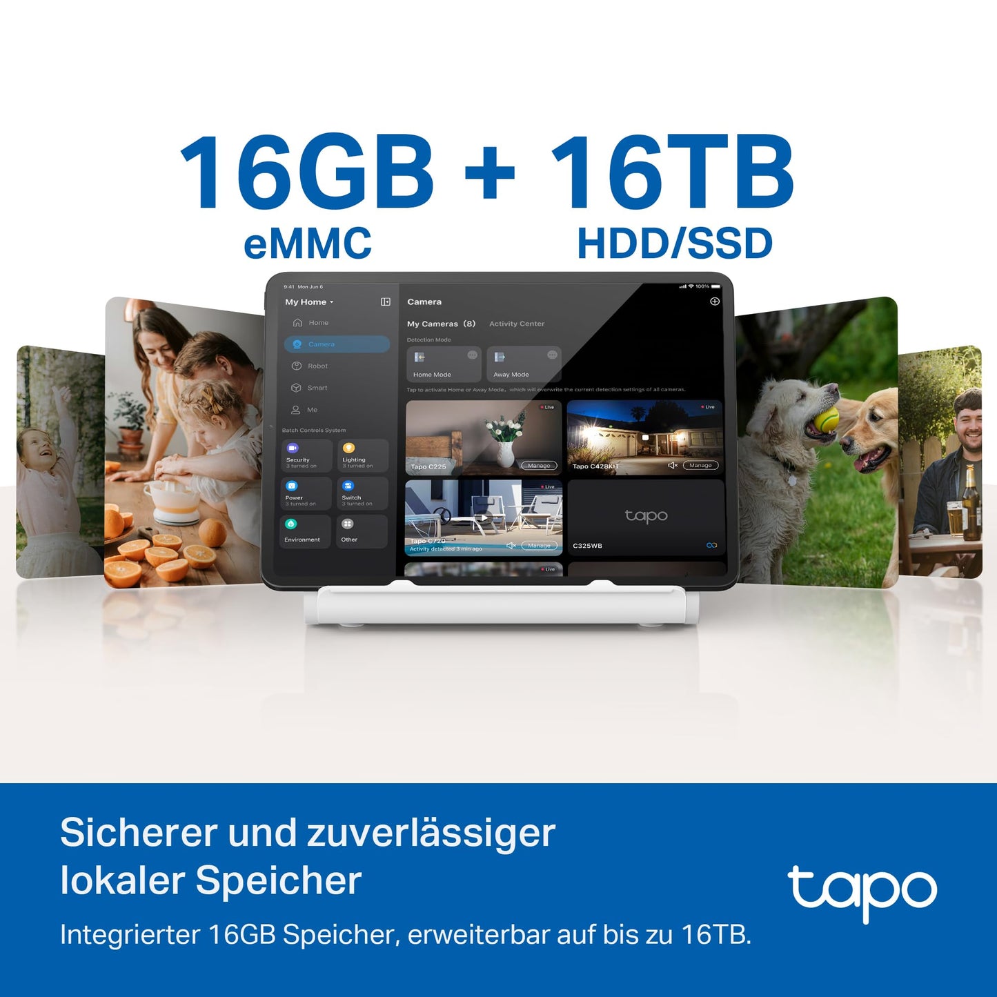 Tapo H500 HomeBase, 16GB built-in, expandable storage up to 16TB, supports 16 Tapo cameras & 64 sensors, local storage, HDMI, 5 GHz WLAN/Ethernet, built-in alarm, Matter compatible.