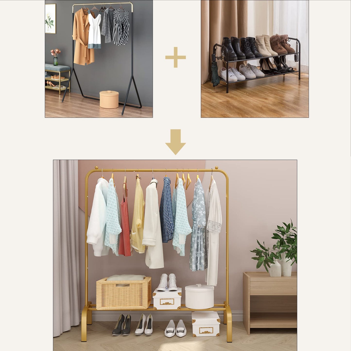 JIUYOTREE Garment Rack 110 cm Metal Clothes Rail Coat Stand with Shelf for Coats, Skirts, Shirts, Sweaters, Gold