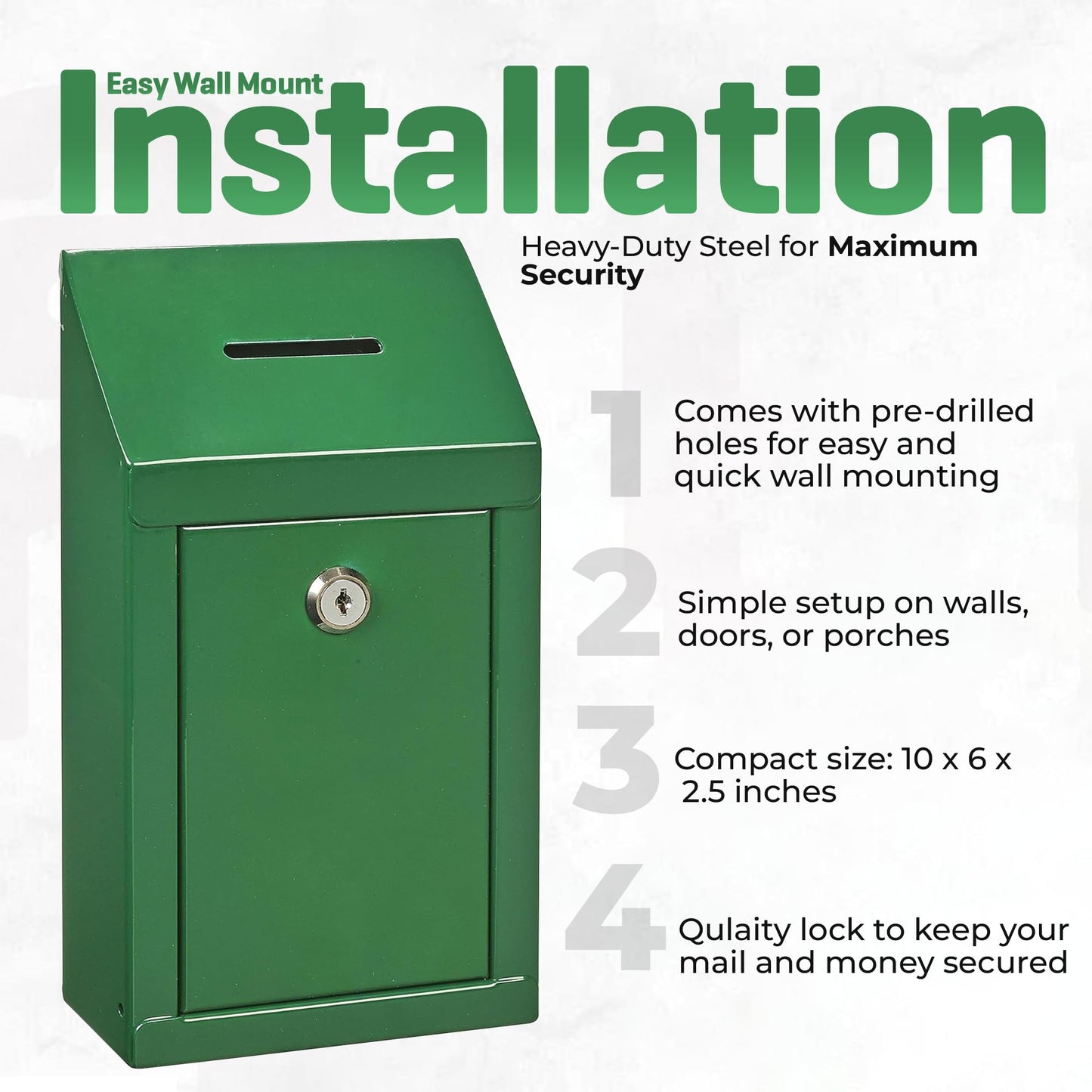 Metal donation box for wall mounting or countertop, with coin slot, lock with 2 green keys.