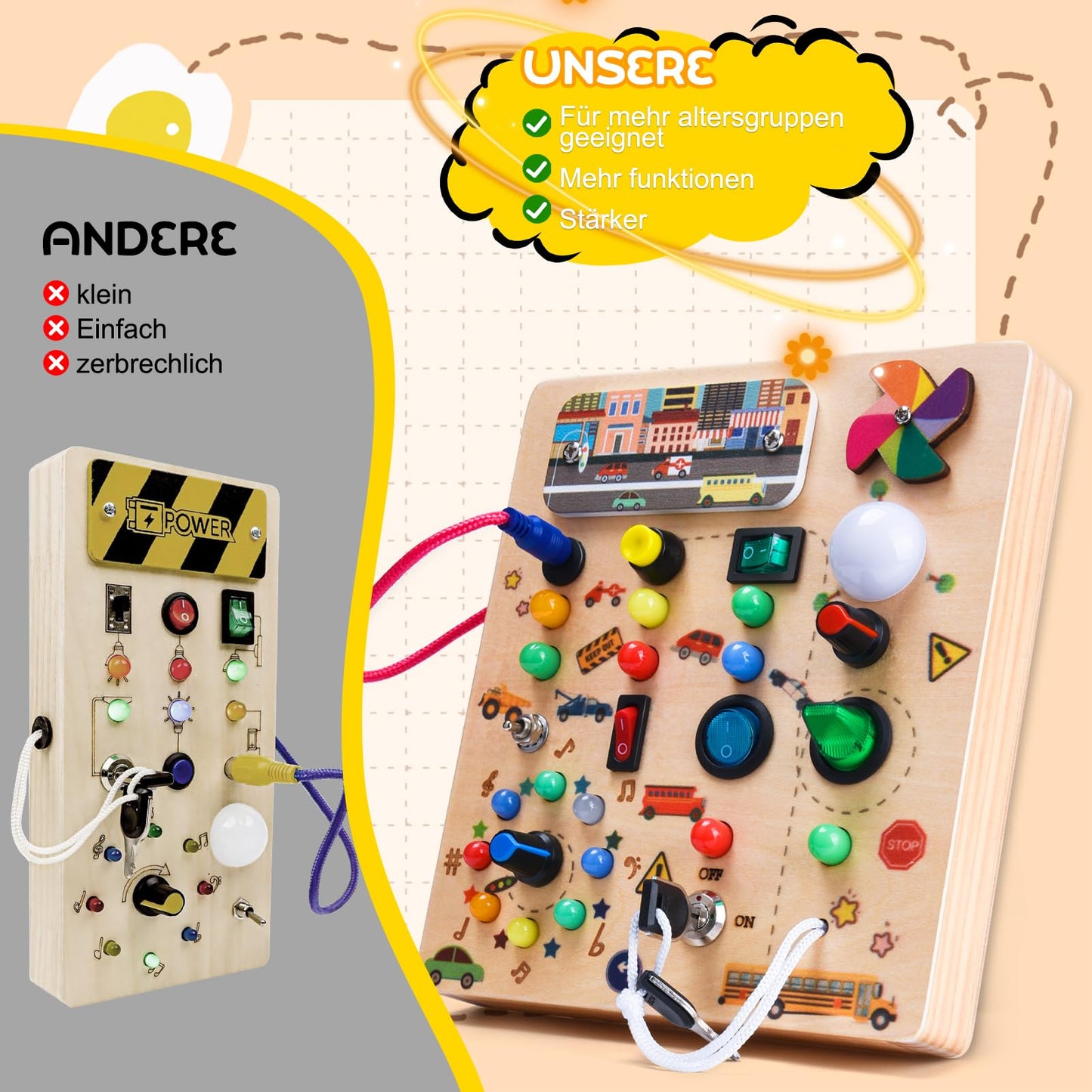 Nauotk Busy Board Montessori Toy for 2-year-old Babies, Motor Skills Toy with 19 LED lights, Wooden Sensory Toy, Educational Toy for Toddlers, Gift for Boys and Girls aged 2, 3, 4 years.