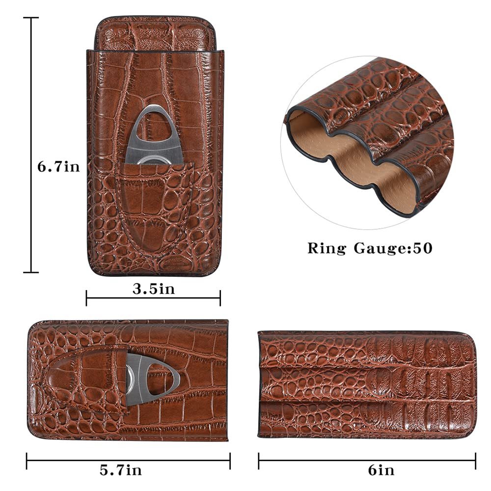 Volenx Cigar Case, 3 Tube Humidor with Cigar Cutter, Portable Travel Humidor Cigars made from Crocodile Grain Leather, Great Gifts for Men (Brown)