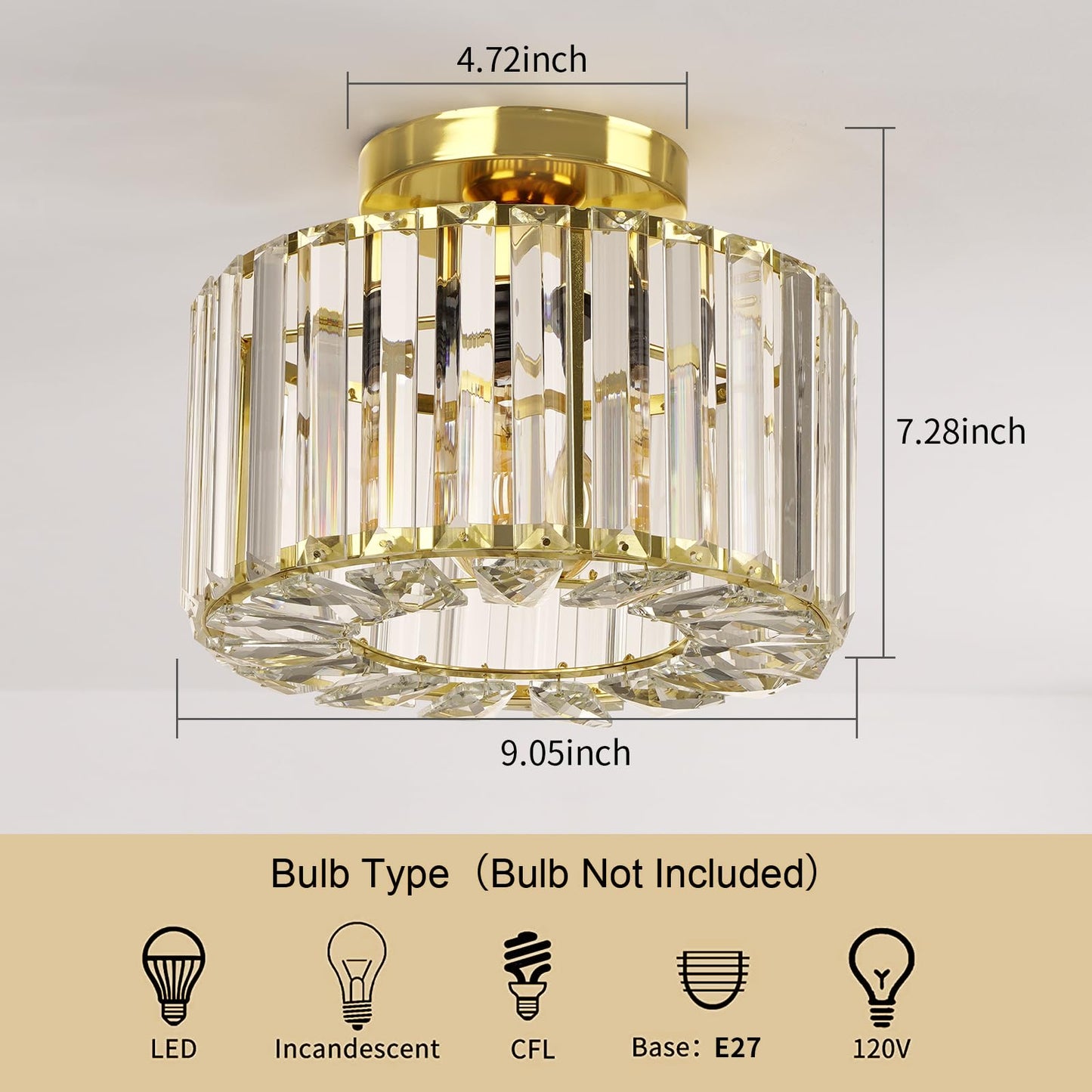 FRIDEKO HOME Modern Crystal Ceiling Light Black 4-Light Large Round Chandelier Crystal Lampshade Metal Ceiling Light E27 for Bedroom Living Room (Ø22cm-Gold)