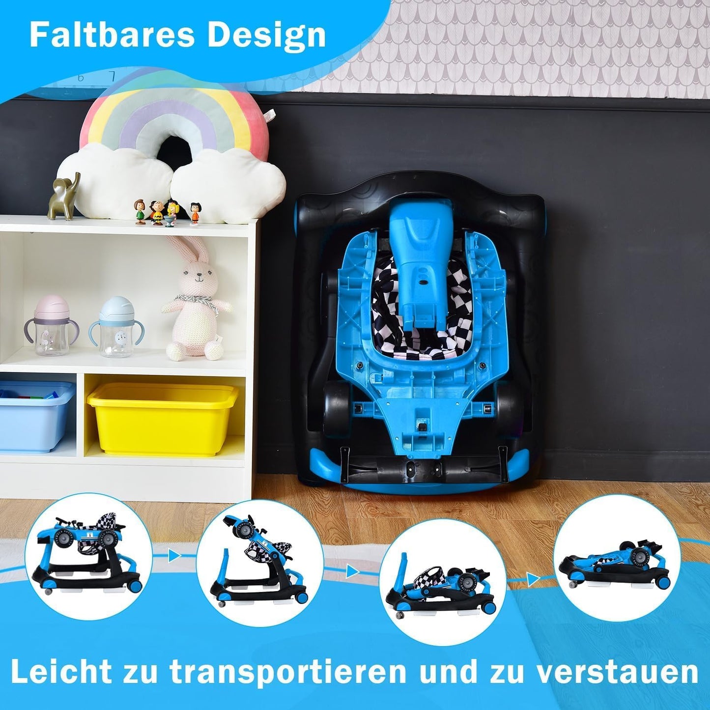 COSTWAY 4 in 1 walking aid, foldable walking cart with adjustable height & speed, car-shaped baby walker with music box, light & wheels, walker for babies from 6 months, load capacity 12kg (blue)