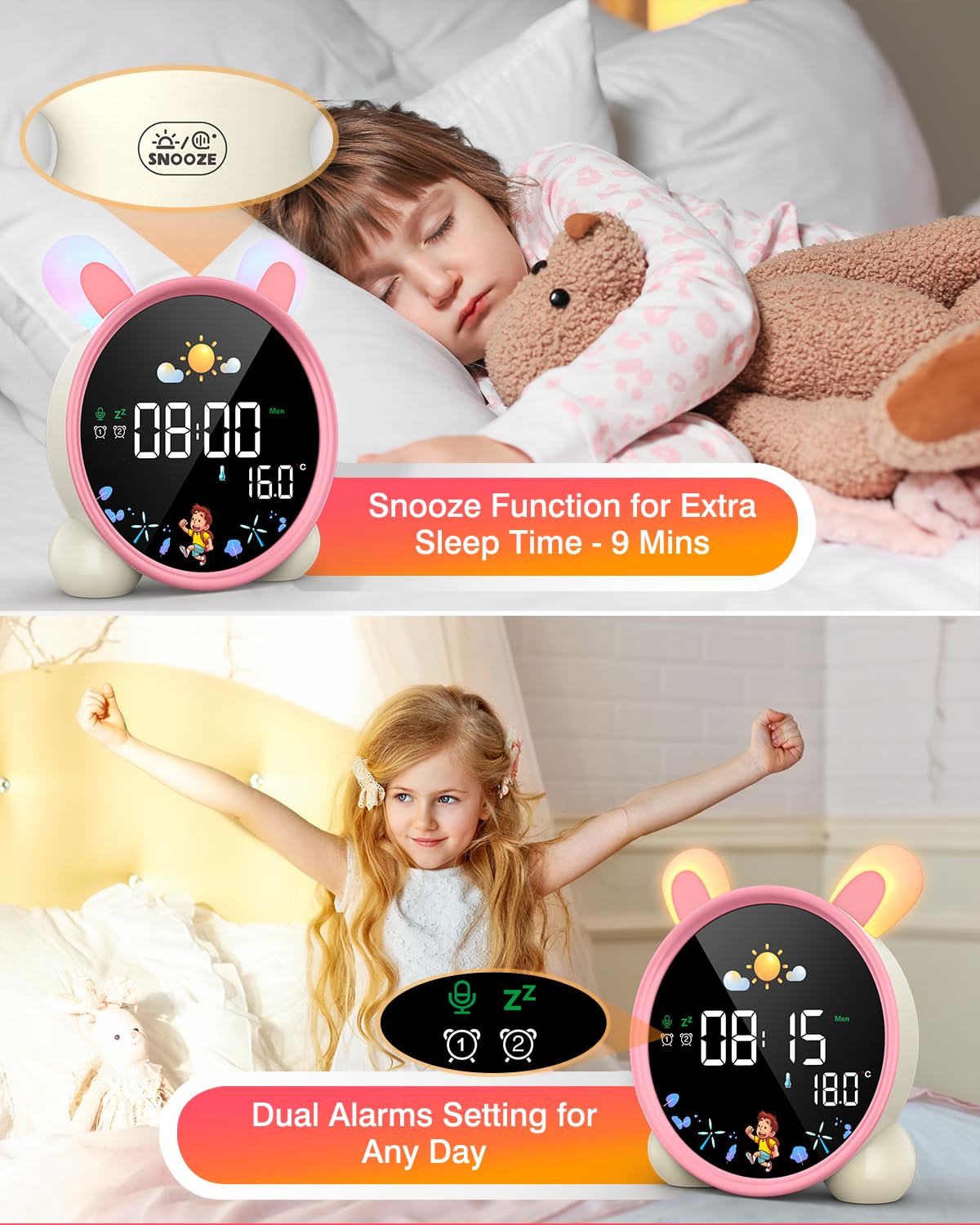 Lemnoi alarm clock for kids, kids sleep trainer for boys and girls, battery powered kids alarm clock light with night light, countdown, snooze function, 3 brightness levels, and colorful light.