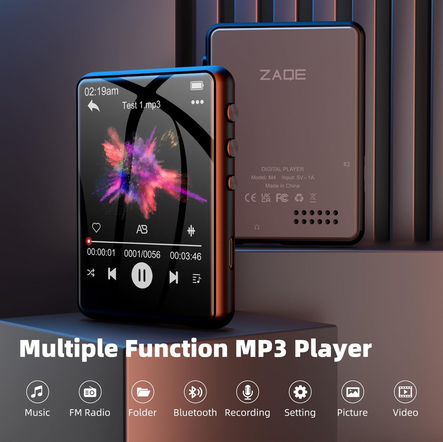 64GB MP3 Player Bluetooth 5.3 2.4" Full Touchscreen Portable MP3 Player with Speaker, Voice Recording, FM Radio, Line Recording Support 128GB Kids Mp3 Player (Black)