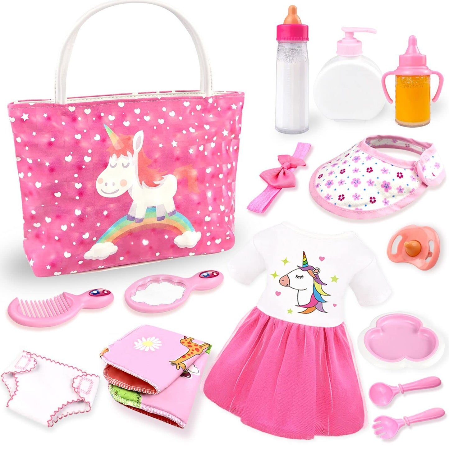 Baby doll accessories - Baby doll feeding and care set with diaper, doll changing bag, and bottles for girls' toy gift. Doll accessories include clothes for 14-16 inch, 18 inch, and 43 cm dolls.