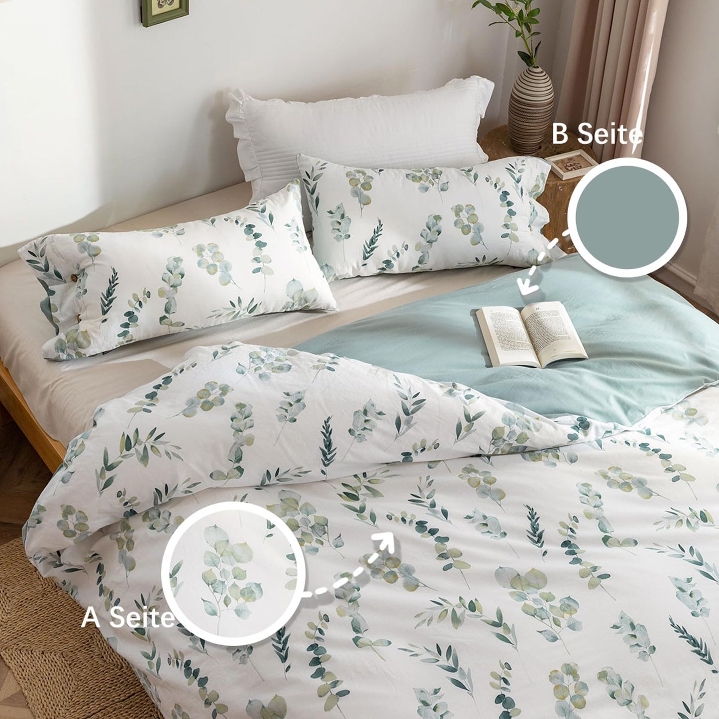 MILDLY bedding 200x200 cotton, bedding sets with plant pattern, zipper, ÖkoTex certified, includes 1 duvet cover 200x200 and 2 pillowcases 80x80, green (Katharina)