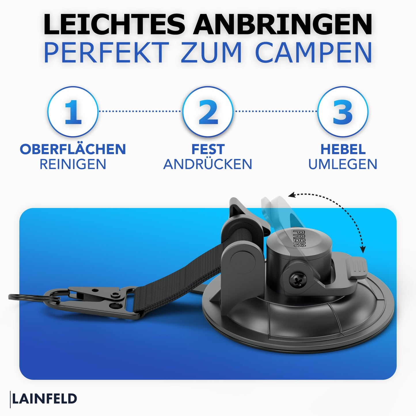 LAINFELD Suction Cup Hooks | 2 pack with carabiner closure and large hooks | Extra strong | for camping, car, balcony | Suction hooks