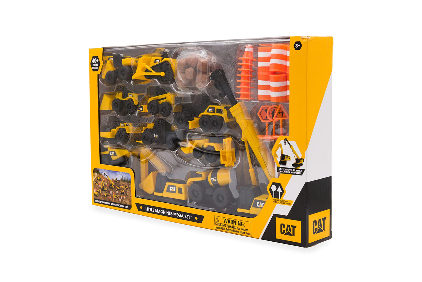 CAT® Construction Little Machines Mega Set I With 40 pieces I Includes vehicles, a crane, traffic signs, cones, blocks, and cylinders I For kids aged 3 years and up.