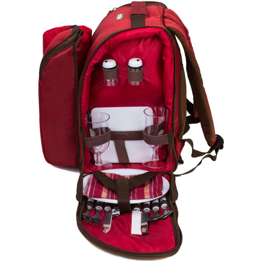 Apollo Walker picnic backpack 2-person picnic set (set & blanket) thermal bag coolers for camping, beach, hiking Red