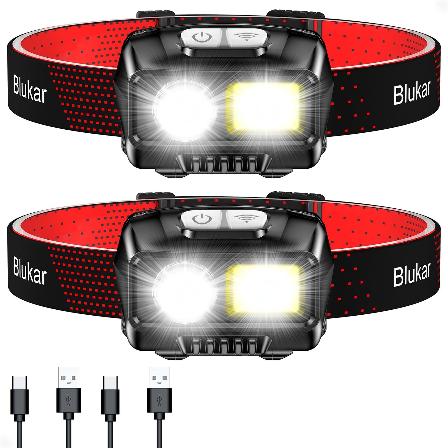 Blukar LED Headlamp Rechargeable, Super Bright Headlamp with 8 Light Modes, Sensor and Red Light, Lightweight IPX5 Waterproof Mini Headlight for Running, Camping, Fishing - 2 Pack