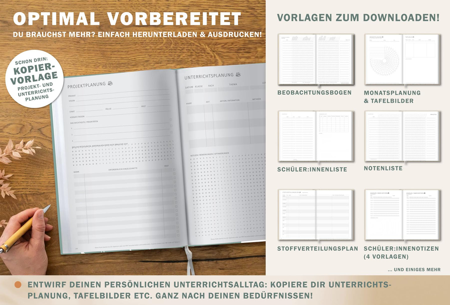One of the Good Teacher Planners 2025 2026, A4 Elementary School Planner, 1 double page per week, Hardcover School Planner for the 25/26 school year, Mint White with Flowers, FSC Paper