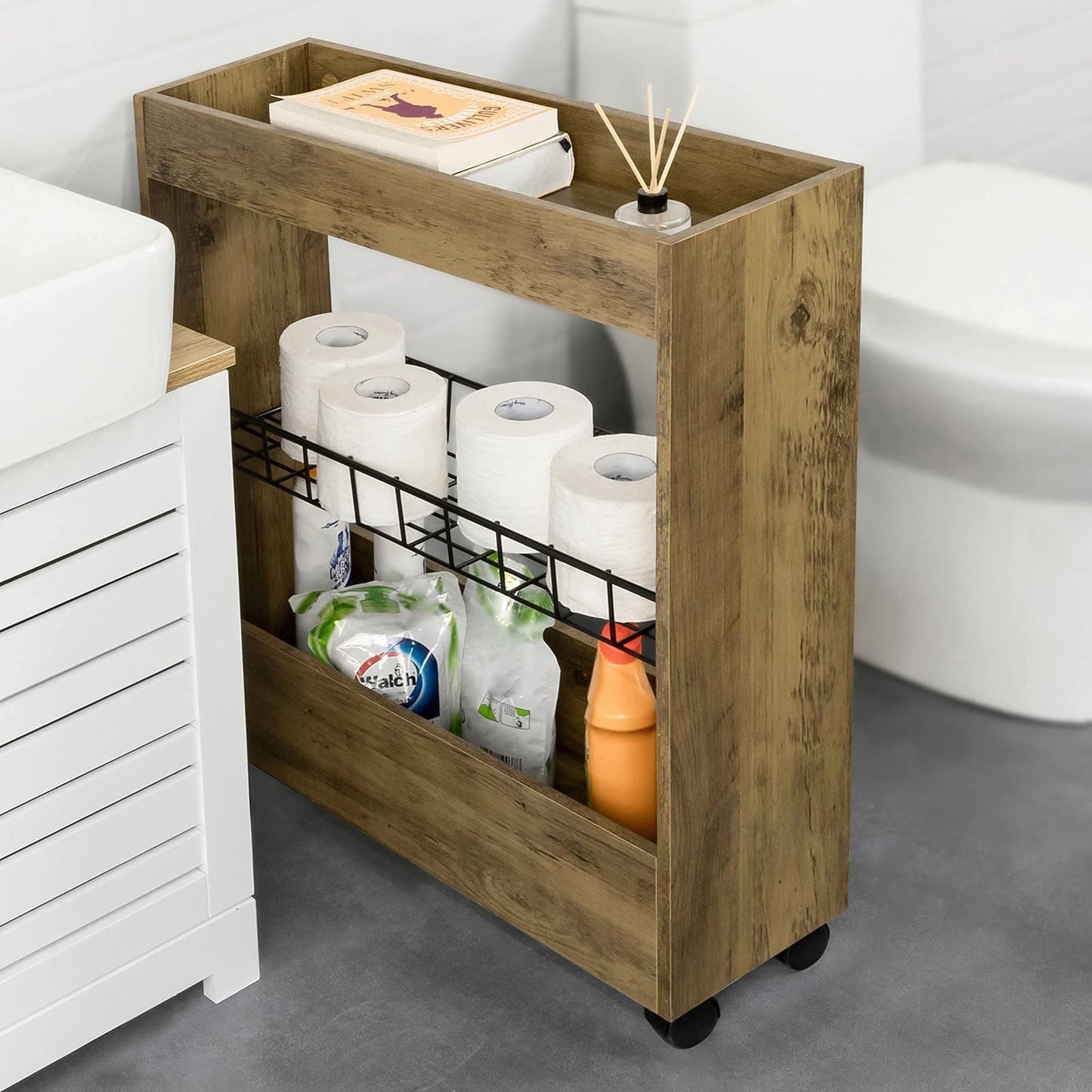 SoBuy BZR46-N Niche shelf with 3 levels Kitchen shelf with wheels Bathroom trolley Bathroom shelf Niche cart Organisation trolley Slim shelf Bathroom furniture Vintage Dimensions approx.: 20x70x60cm