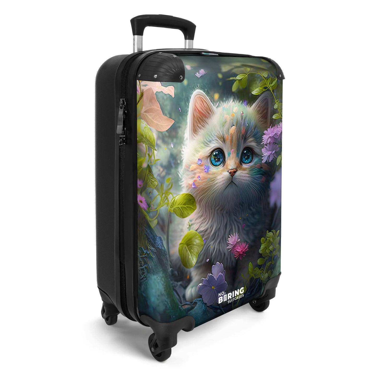 NoBoringSuitcases.com® Kids' suitcase for girls with cute illustrations of kittens, flowers, and forest. Compact hand luggage trolley measuring 55x40x20 cm.