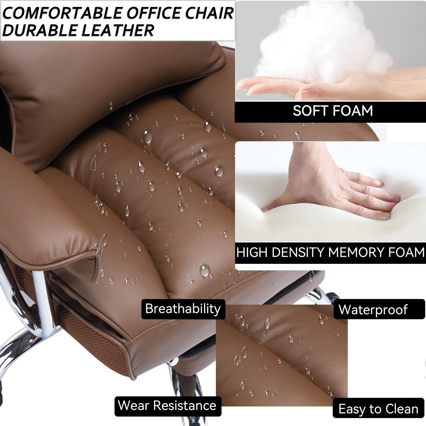 Efomao office chair ergonomic, PU leather executive chair, office chair 200 kg with footrest and lumbar support, Adjustable high-back chair, Brown.