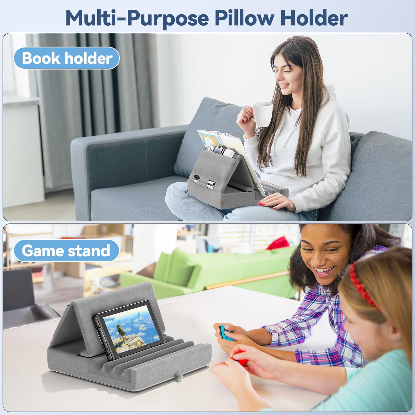 KDD Tablet Holder Pillow, Foldable iPad Stand for Lap Bed Desk - Tablet Soft Pillow Holder with Pocket & Stylus Holder for iPad Pro 12.9 10.5 9.7 Air Mini 6 5 4 E-Reader Gray