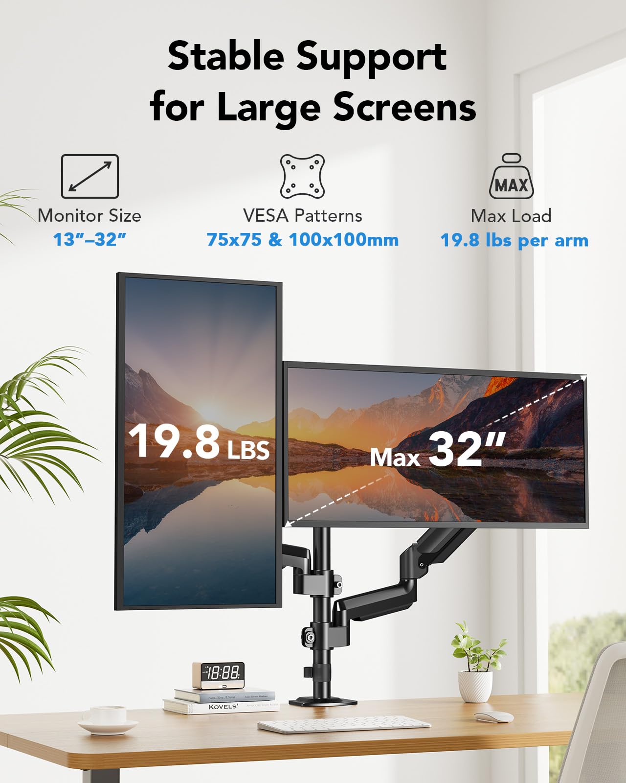 HUANUO Monitor Mount 2 Monitors 13-32 Inch, Height Adjustable Screen Mount with Long Arm, VESA 75/100mm, Increased Load Capacity 2-9 kg, 2 Mounting Options