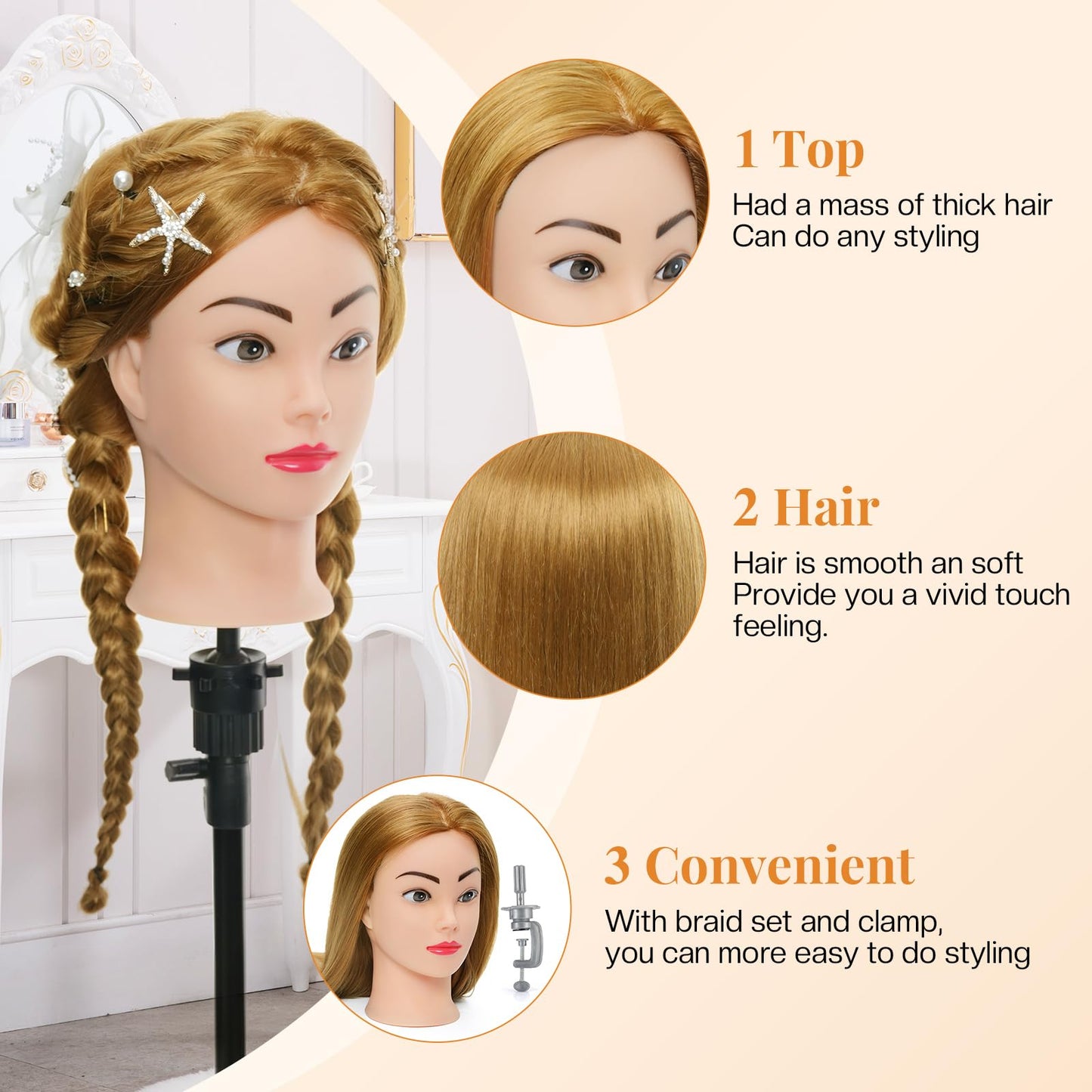 Neverland 80% real hair mannequin head for hairdresser training 24 inch with table clamp + hair styling braid set. Great for hair salons and practicing hairstyles.