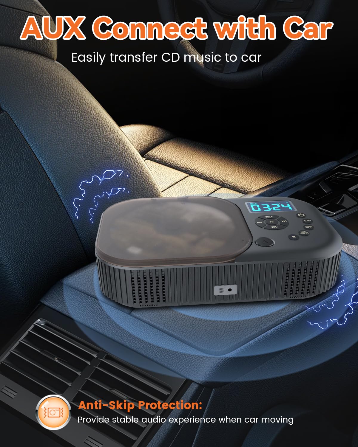MONODEAL portable CD player with two stereo speakers, Bluetooth, and radio. Rechargeable Discman CD player, supports AUX/USB.