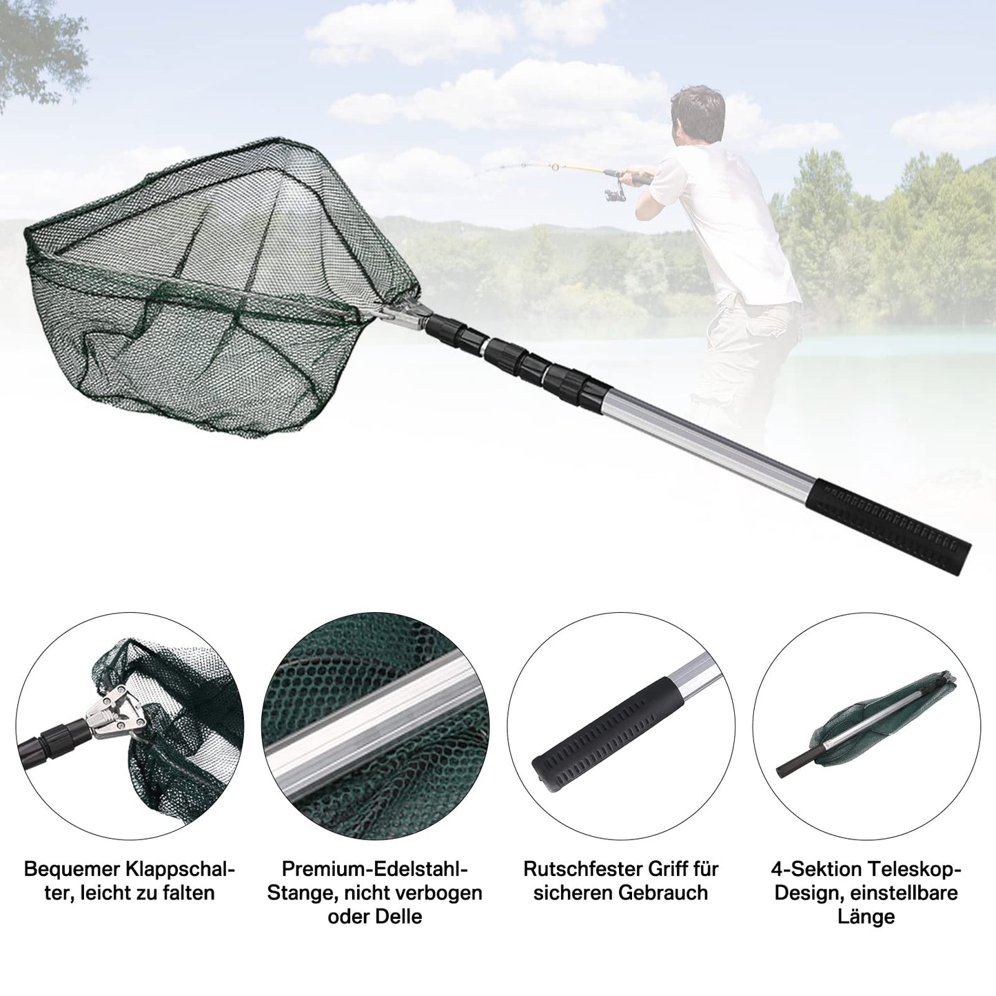 Folding telescopic fishing net 190cm, compact and portable for pond and carp fishing. Great outdoor fishing accessory for kids and adults.