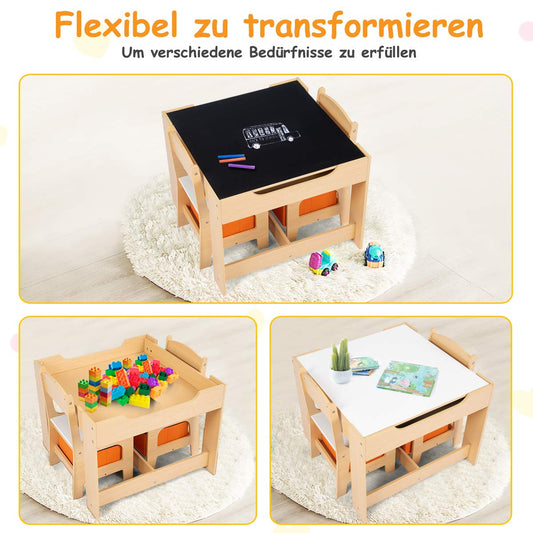 DREAMADE Multifunctional Kids Table Set, Children's Table with 2 Chairs & 2 Storage Boxes for extra space, removable tabletop with chalkboard for drawing, 3-piece Children's Furniture Set (Natural)