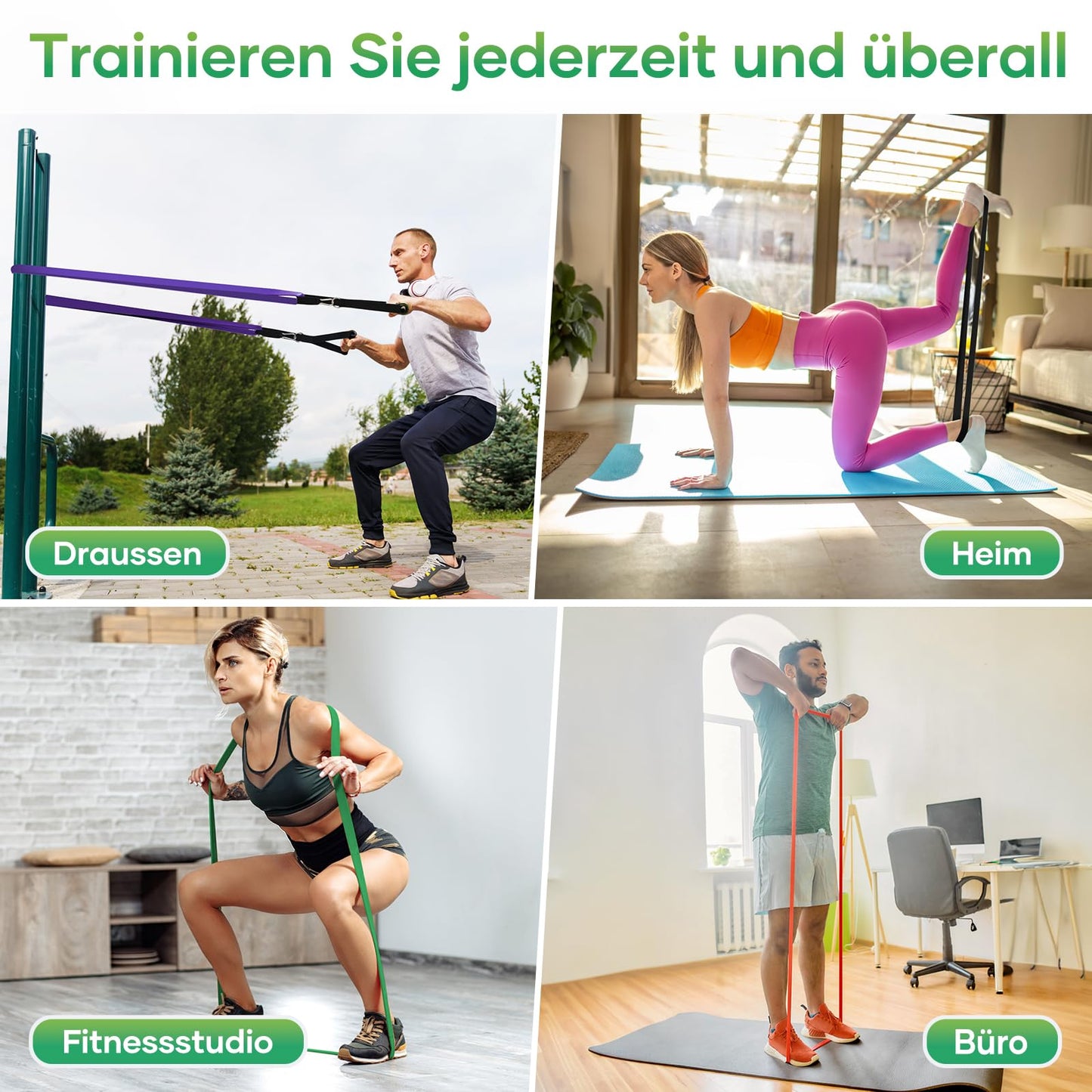 Fokky Fitness resistance bands with 5 levels, includes door anchor, 2 handles, exercise guide, and carrying bag. Great for strength training, yoga, and Pilates. Set of 5.