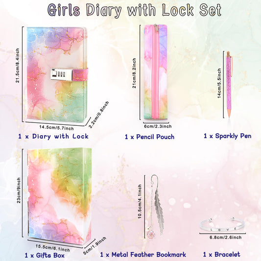 Diary with lock for girls, gifts for girls 8 9 10 11 12 13 years old, Back to School beginning of school birthday gifts for teenage girls ages 7-14, diary with code, note pad, pen, pencil case, school