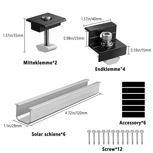 Solar panel mounting 2 module set: Photovoltaic PV mounts with 12cm aluminum rails and adjustable clamp for 30-35mm thick modules for flat roof trapezoidal sheet metal tile roof.