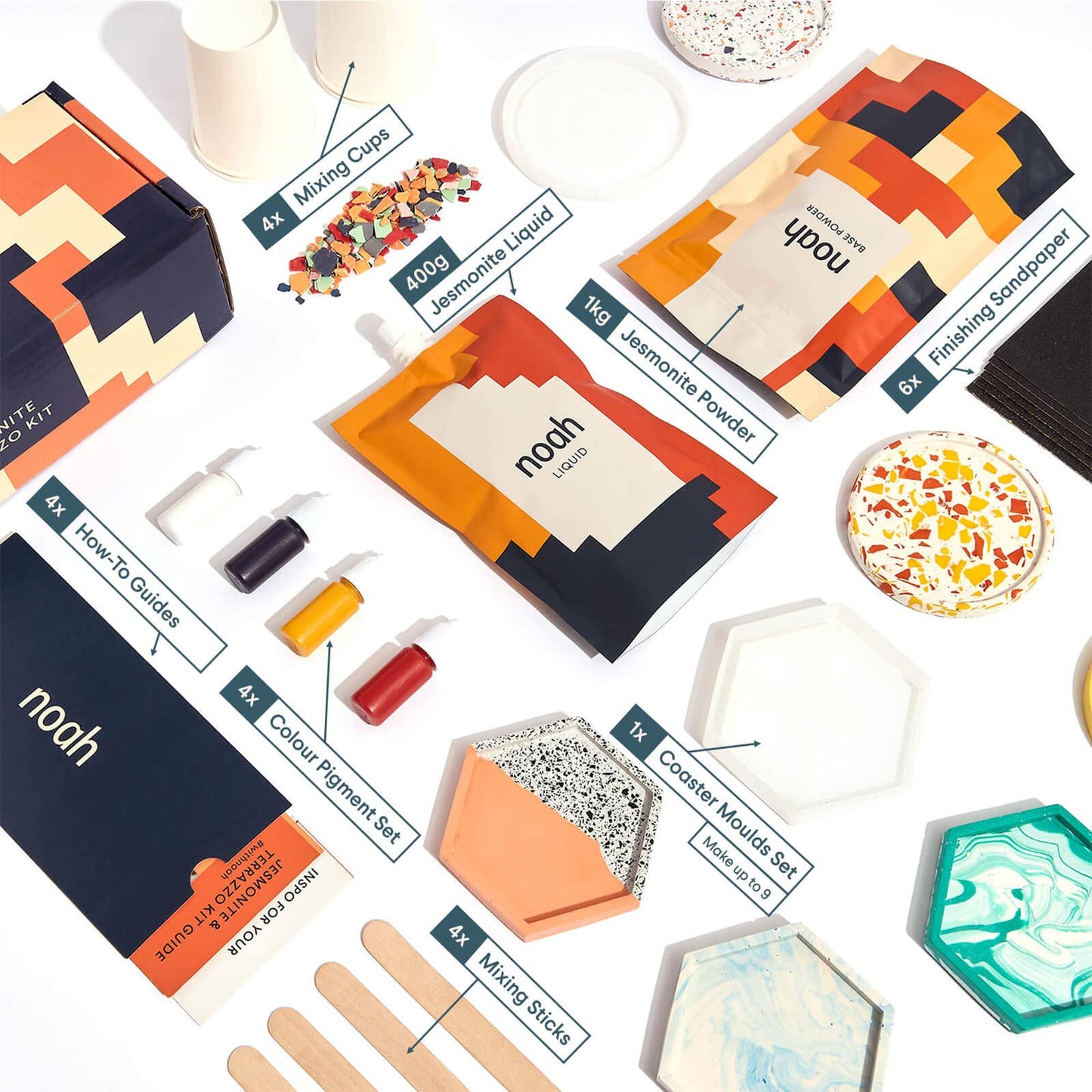 Noah Jesmonite & Terrazzo Starter Kit - Includes silicone molds, colors, gloves, sandpaper, cups, and stirrers - Gift idea (coasters/base colors)