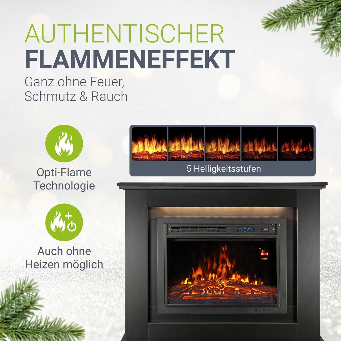Juskys Electric Fireplace 1000/2000 W with heating, fireplace, flame effect, remote control, LED lighting & timer - Electric Fireplace Stand Fireplace black