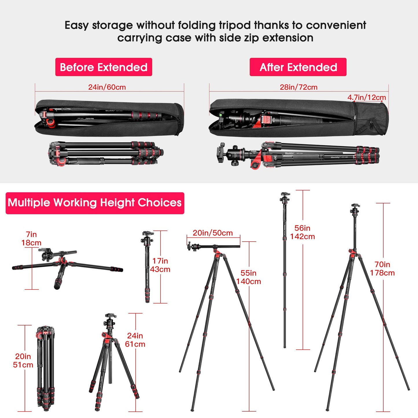 Camera tripod Manbily 178cm 70" horizontal overhead 360° aluminum tripod monopods rotating center column arm 180° travel tripod 36mm ball head & mounting platform for DSLR camera video camcorder