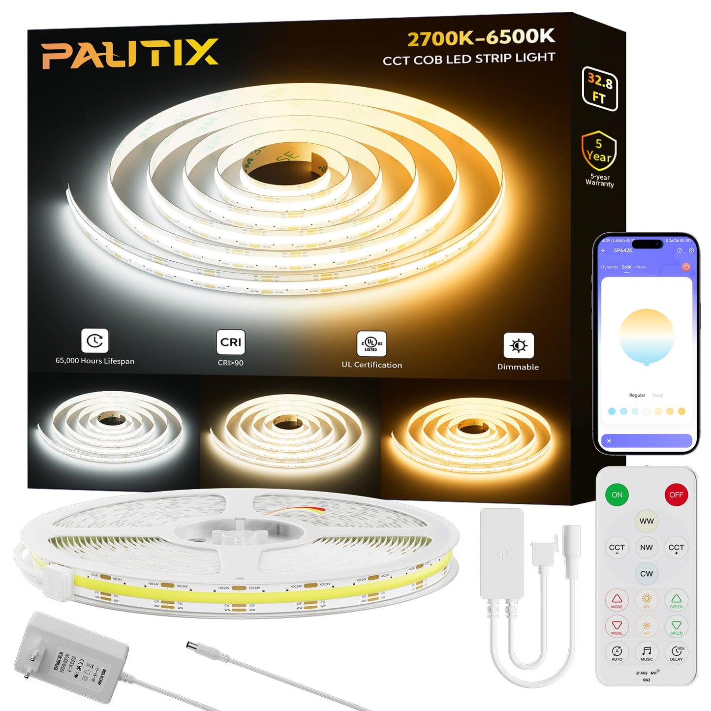 PAUTIX COB LED strip CCT warm white cool white, 10M dimmable 2700K-6500K with smart app control 6400 LEDs 24V LED strip light set with power supply, CRI93+ super bright for kitchen TV DIY lighting.