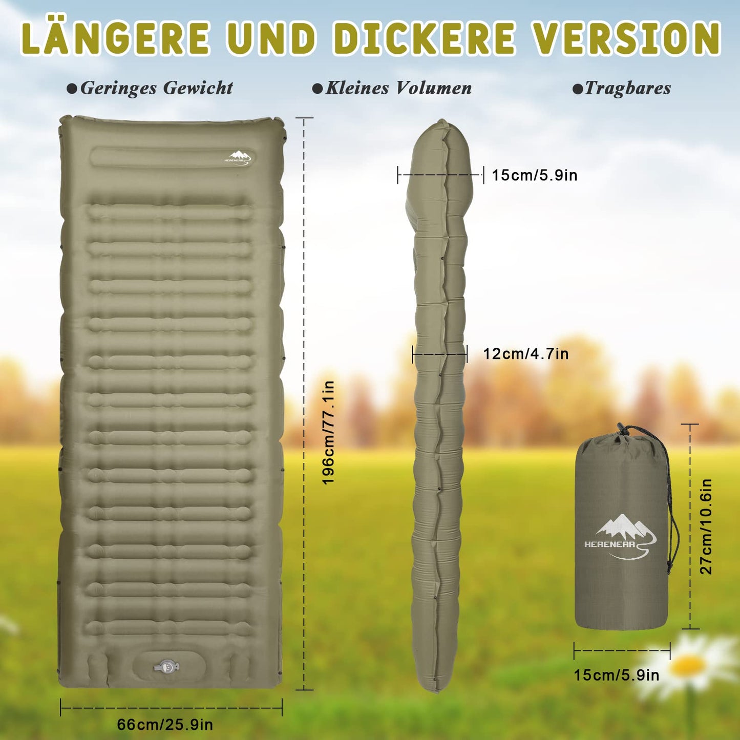 Herenear camping self-inflating sleeping pad, self-inflating sleeping pad ultra-light with pillow, waterproof portable camping air mattress with foot pump for hiking, outdoor, travel, beach.