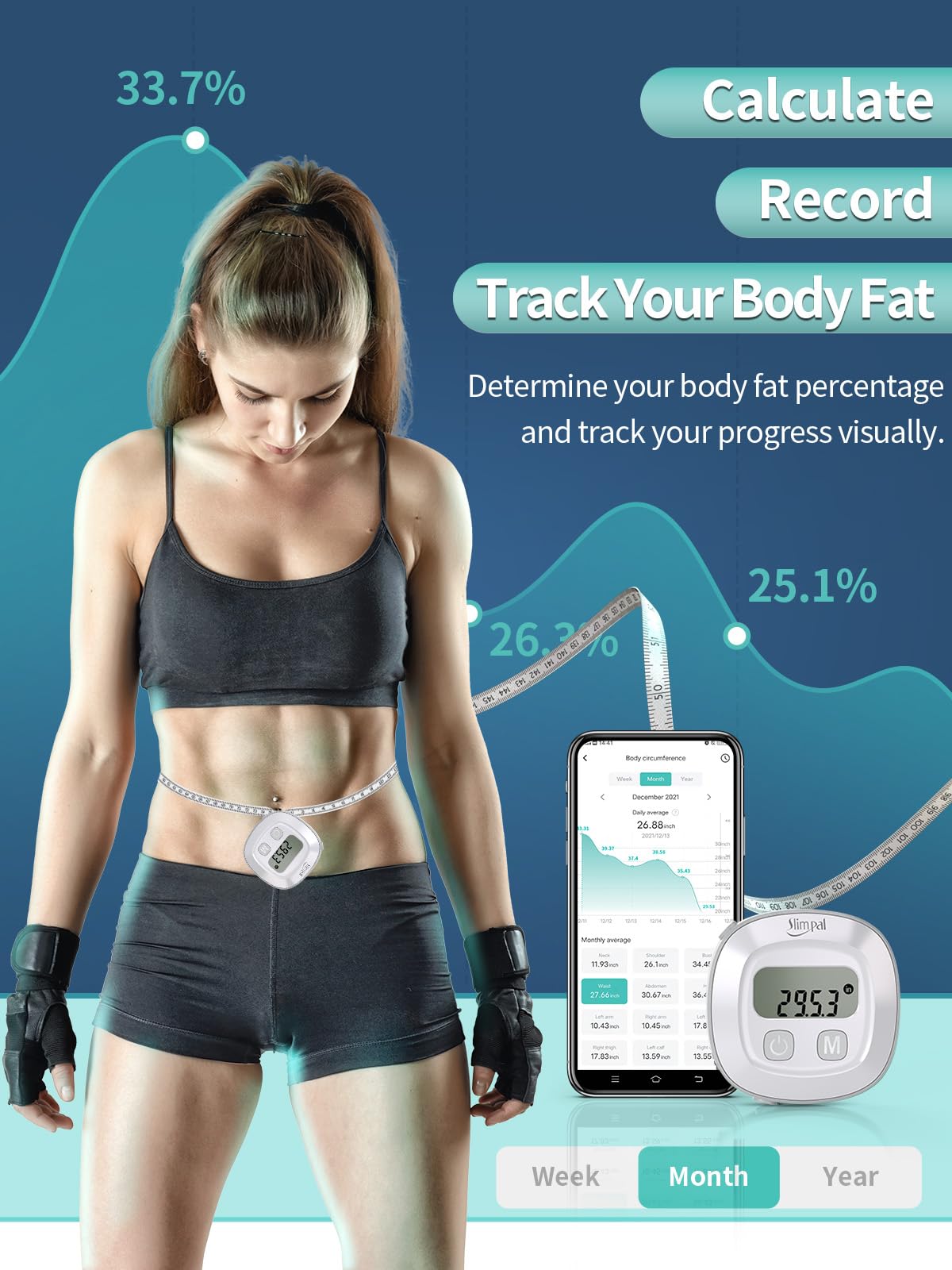 Simpal Smart Body Tape Measure, Bluetooth Body Fat Measure Tape, measure body dimensions of biceps, chest, waist, calves, thighs, and neck, fitness tape measure